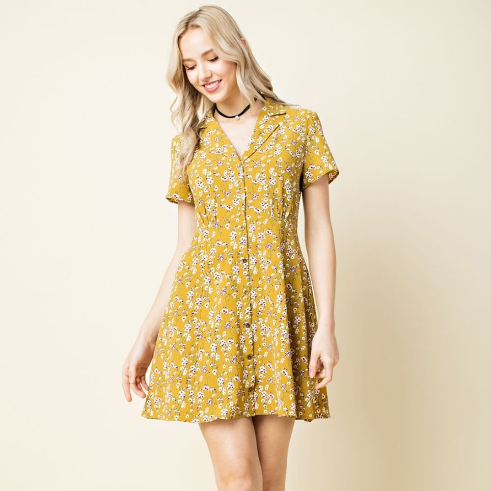 Short Sleeved Buttoned Floral Spring Yellow Dress